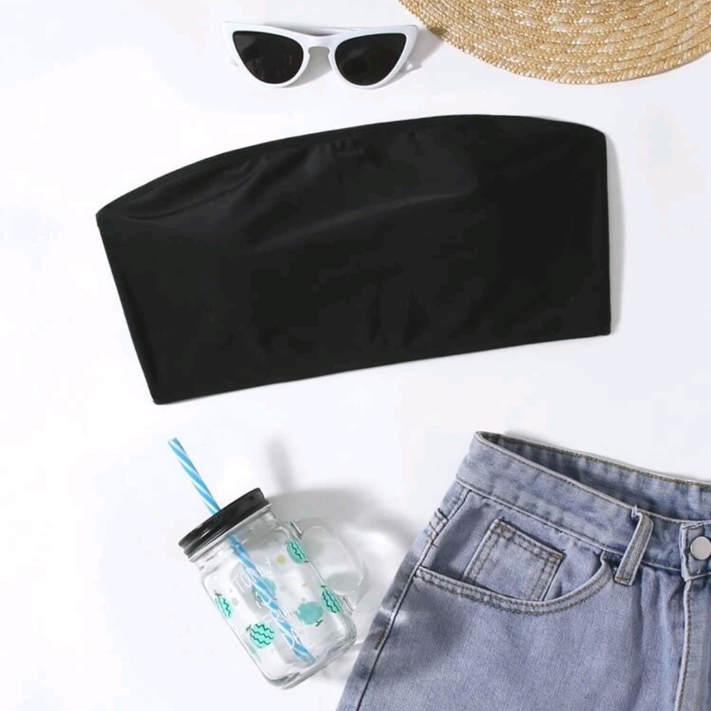 SHEIN Black Minimalist Bandeau Bikini Top